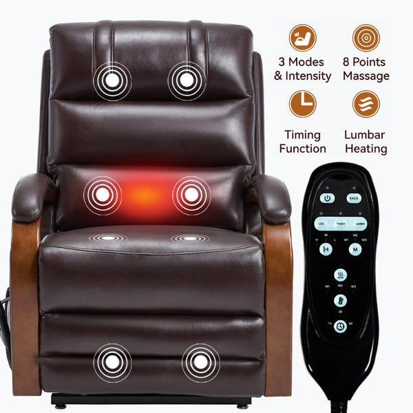English Elm Power Lift Recliner with Dual Motor Heat Massage Wood Armrests Brown Leatheraire W1803S00080