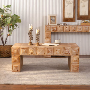 English Elm 47.24" Solid Wood Geometric Relief Carved Rectangular Coffee Table for Boho Living Rooms W3158P426657