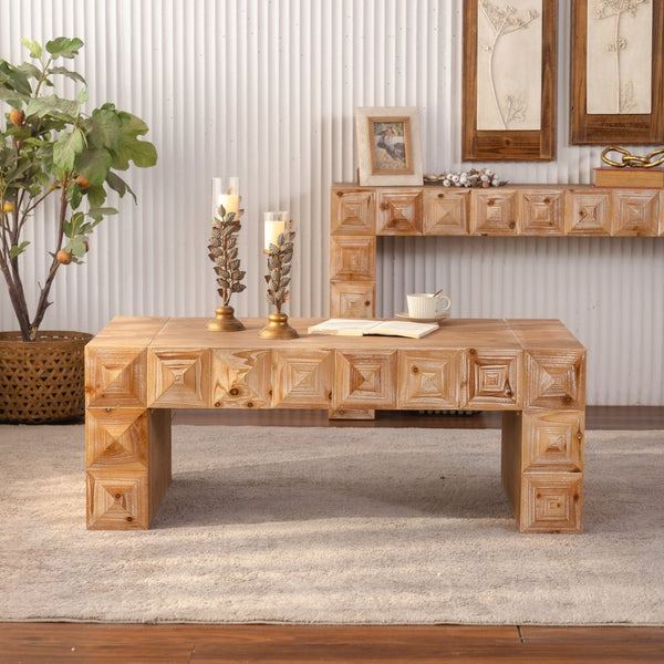 English Elm 47.24" Solid Wood Geometric Relief Carved Rectangular Coffee Table for Boho Living Rooms W3158P426657