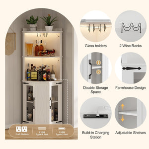 English Elm 67.3" Farmhouse Corner Bar Cabinet Led Lit Wine Storage with Built-in Power Outlets N735P361423K