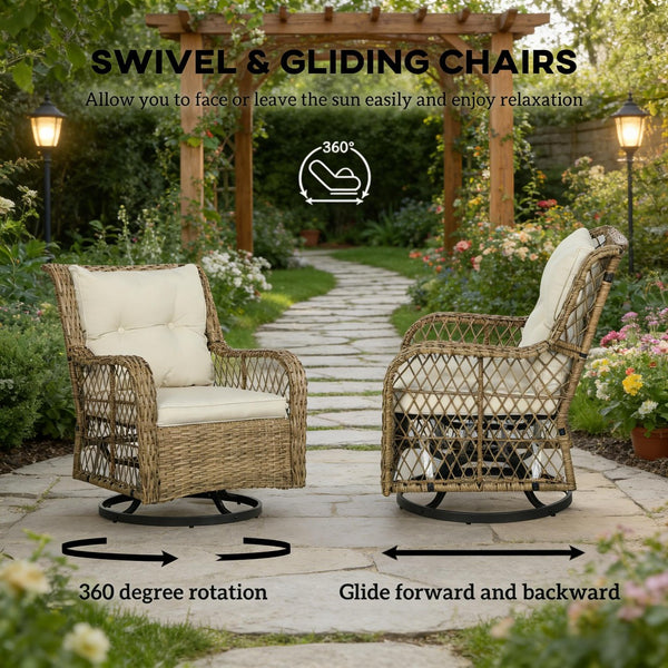 English Elm Wicker Pe Rattan 3 Piece Outdoor Bistro Set with Swivel Glider Chairs for Balcony T3971P446017