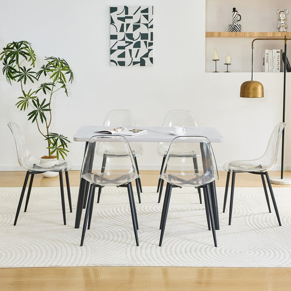 English Elm Table Set with Marble Glass Top Six Transparent Chairs for Modern Dining Spaces W1151S04633