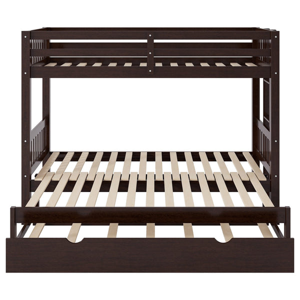 English Elm Twin over Pull-out Bunk Bed with Trundle and Wheels, Space-Saving Pine/MDF Frame Sleeps Four Crowd-Friendly Design Espresso GX000301AAP