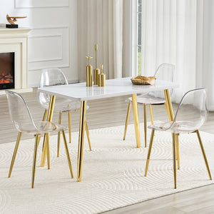 English Elm Table and Chair Set Marble Glass Top Gold Legs Four Seat Dining for Small Spaces Transparent,White+Gold W1151S04638