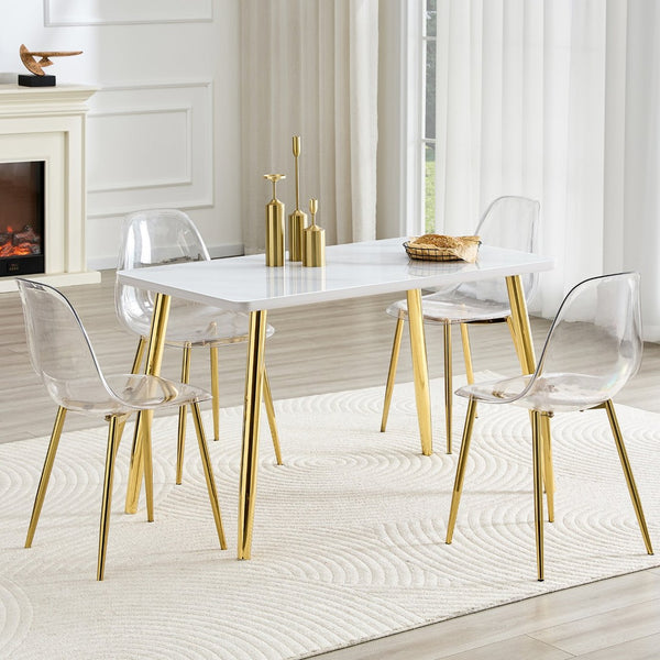 English Elm Table and Chair Set Marble Glass Top Gold Legs Four Seat Dining for Small Spaces Transparent,White+Gold W1151S04638