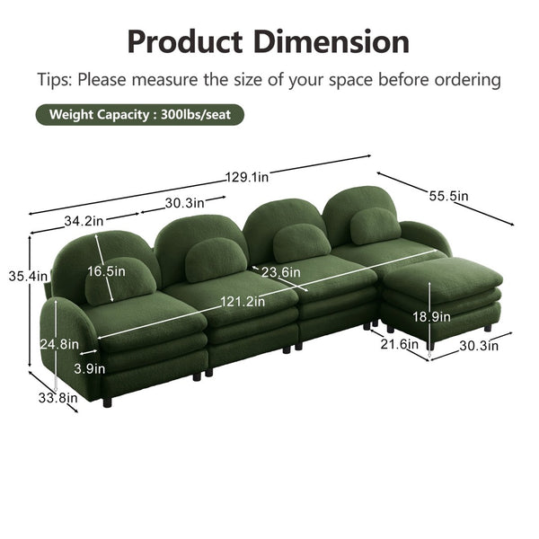 English Elm Teddy Fleece Curved Modular Sectional Sofa with Ottoman Four Seat Cloud Comfort Green W5656S00090