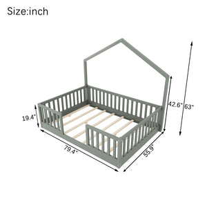English Elm Twin Montessori Floor Bed House Frame with Led Lighting and Safety Rails for Kids Grey W2593P440606