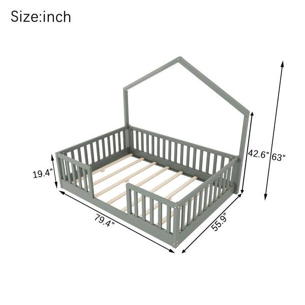 English Elm Twin Montessori Floor Bed House Frame with Led Lighting and Safety Rails for Kids Grey W2593P440606
