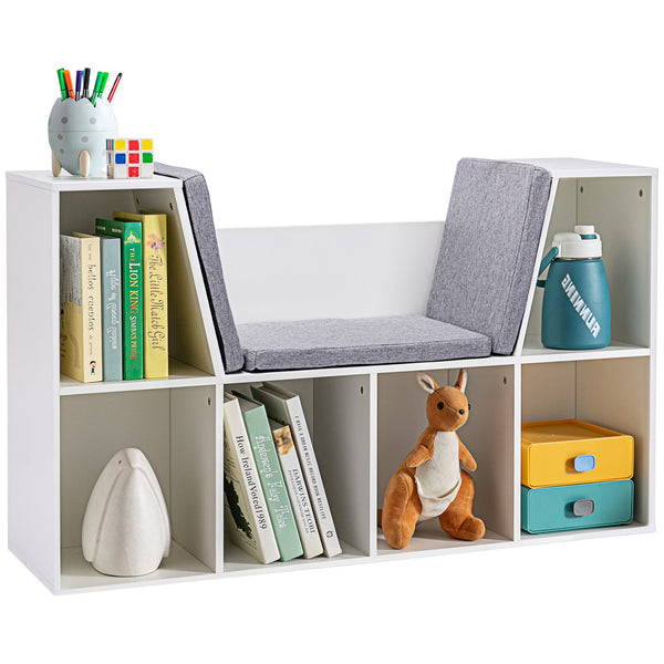 English Elm HOMCOM Kids 6-Cubby Bookcase with Padded Reading Nook, White Storage Bench for Toys & Books W2225P249823