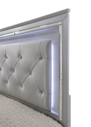 English Elm 1pc Modern Queen LED Faux Leather Upholstery Panel Bed with Tufted Headboard, Textured Footboard Glam Finish Beige,Silver 82.6 L x 2.76 W x 30.35 H B2741S00204