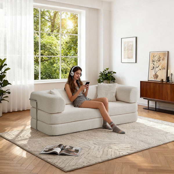 English Elm Floor Floor Couch Convertible 5-in-1 Corduroy Sofa Bed with Pillow-to-Blanket, Reinforced Frame Cream W3565P354961