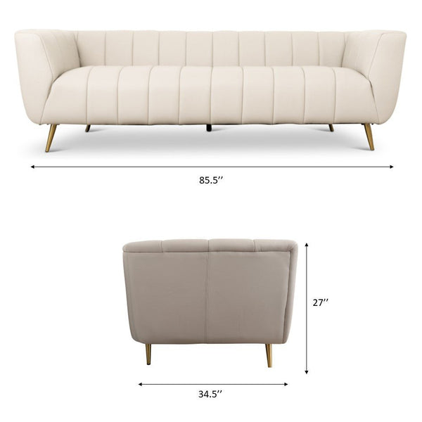 English Elm Ashcroft Furniture - LaMattina Mid-Century Modern Genuine Italian Leather Channel Tufted Sofa with Solid Wood Frame and High-Density Foam Comfort Beige,Light Gray B183P231985