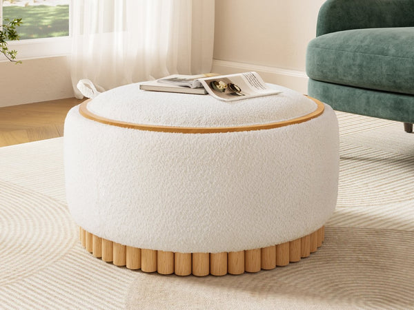 English Elm 29" Round Boucle Storage Ottoman Sculptural Wood Base Reversible Lid Living Room Beige N723P405304A