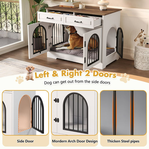 English Elm 43.3" Farmhouse Mdf Dog Crate Console with Drawers and Rotating Bowls for Large Breeds N704P414598A