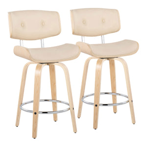 English Elm Lombardi Mid-Century Counter Stool 26" Set of 2 — Tufted Faux Leather Seats, Swivel, Wood Backrest Cream B202S00345
