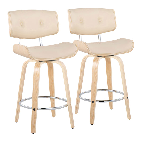 English Elm Lombardi Mid-Century Counter Stool 26" Set of 2 — Tufted Faux Leather Seats, Swivel, Wood Backrest Cream B202S00345