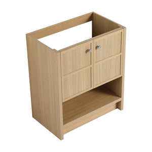 English Elm 30" Freestanding modern oak bathroom vanity with integrated basin, soft-close doors & open shelf storage, plywood construction W1972P268403