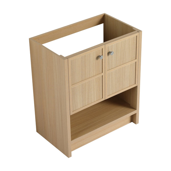English Elm 30" Freestanding modern oak bathroom vanity with integrated basin, soft-close doors & open shelf storage, plywood construction W1972P268403