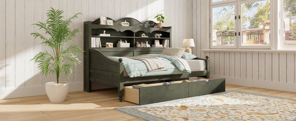 English Elm Twin Daybed Retro Wood Frame with Under Bed Drawers and Headboard Shelving Antique Grey N733S415358E
