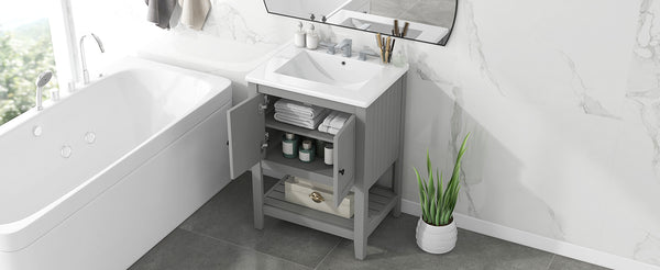 English Elm 24" Modern Sleek Bathroom Vanity with Ceramic Sink, Solid Wood Frame, Waterproof Finish and Open Shelf Storage Grey N725P246473E