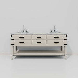 English Elm White Oak Double Bath Vanity With Carrara Marble Top & Chrome Gooseneck Faucet - Elegant Storage Solution B2731P260320-GIGA