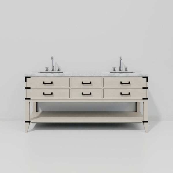 English Elm White Oak Double Bath Vanity With Carrara Marble Top & Chrome Gooseneck Faucet - Elegant Storage Solution B2731P260320-GIGA