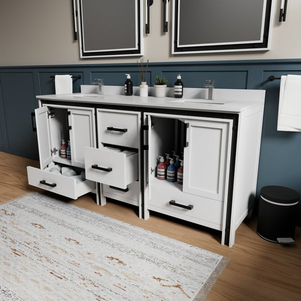 English Elm White Double Bath Vanity 72" W x 22" D with White Quartz Top, Soft-Close Drawers, Dual 30" Mirrors B2731S00913