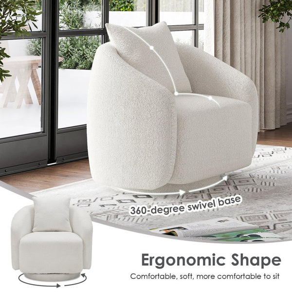English Elm Swivel Barrel Armchair in Teddy Fabric with Lumbar Pillow and Solid Wood Legs White T3623P430697