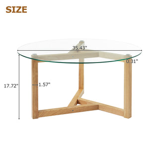 English Elm [New Round Glass Coffee Table] 8mm Tempered Top, Sturdy Tripod Wood Base, Modern Easy Assembly, Natural Finish WF293702AAA