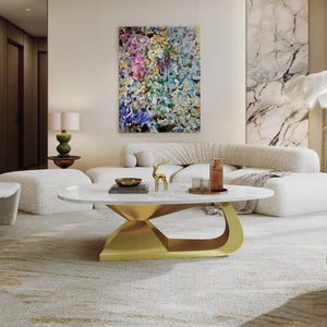 English Elm Modern Sintered Stone Tabletop Coffee Table with Stainless Steel Base – Scratch, Heat & Stain Resistant Centerpiece Gold+White W3136S00006