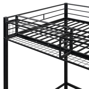 English Elm Twin Metal Loft Bed with Upper Grid Storage Shelf and 4-Layer Ladder Shelves for Space Saving Black SF100081AAB