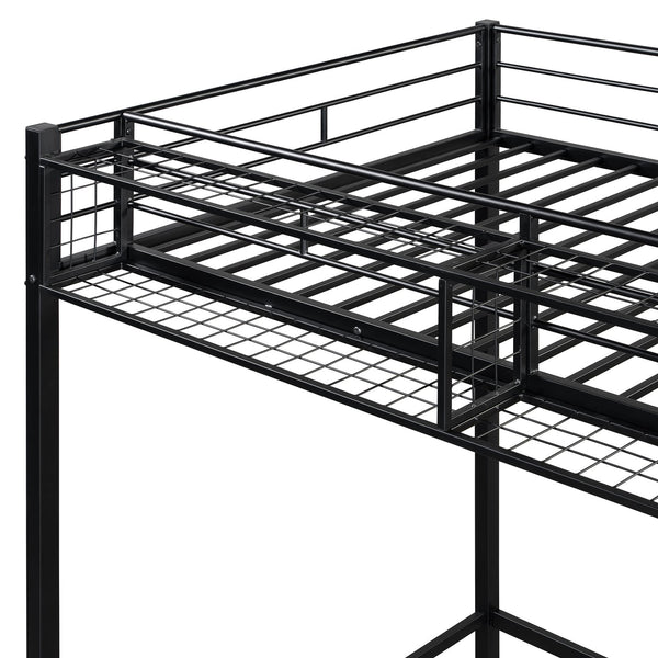 English Elm Twin Metal Loft Bed with Upper Grid Storage Shelf and 4-Layer Ladder Shelves for Space Saving Black SF100081AAB