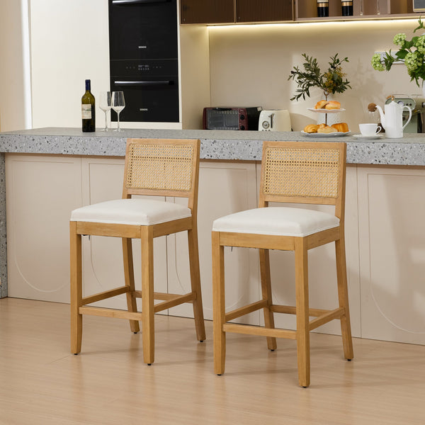English Elm Full Solid Wood Rattan-Back Bar Stools Set Of 2 - Stylish Beige Cushions For Rustic Kitchen & Café W1143P384367