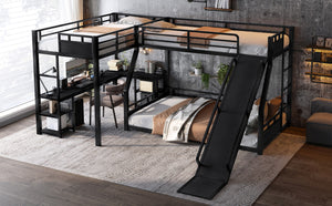 English Elm L-shaped Metal Triple Bunk Bed with Slide Desk and Storage for Shared Kids Rooms W1580S00568