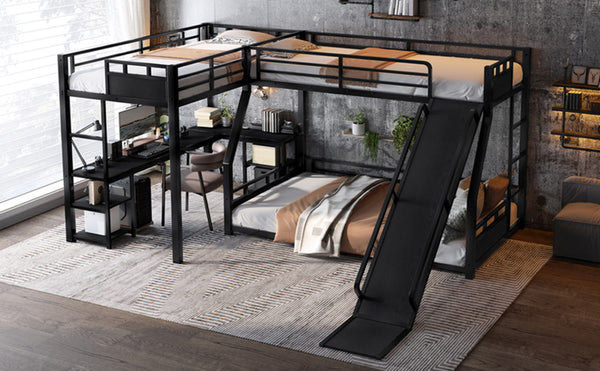 English Elm L-shaped Metal Triple Bunk Bed with Slide Desk and Storage for Shared Kids Rooms W1580S00568