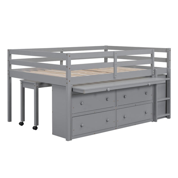 English Elm Full Size Kids Loft Bed Pinewood Frame Dual Study Desks Drawers and Open Shelving Gray LT000369AAE