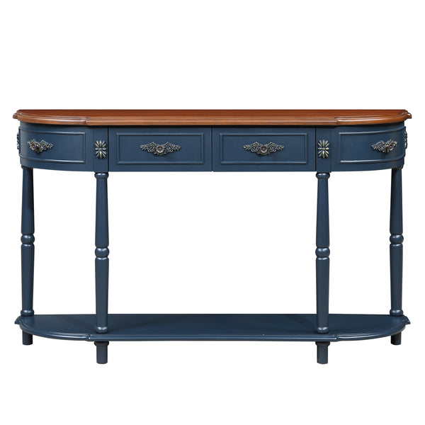 English Elm Retro Curved Wood Console Table 52" Half Moon Entry Table with Solid Pine Frame, 2 Drawers & Shelf, Distressed Finish, Easy Assembly Navy Blue W1202P178627