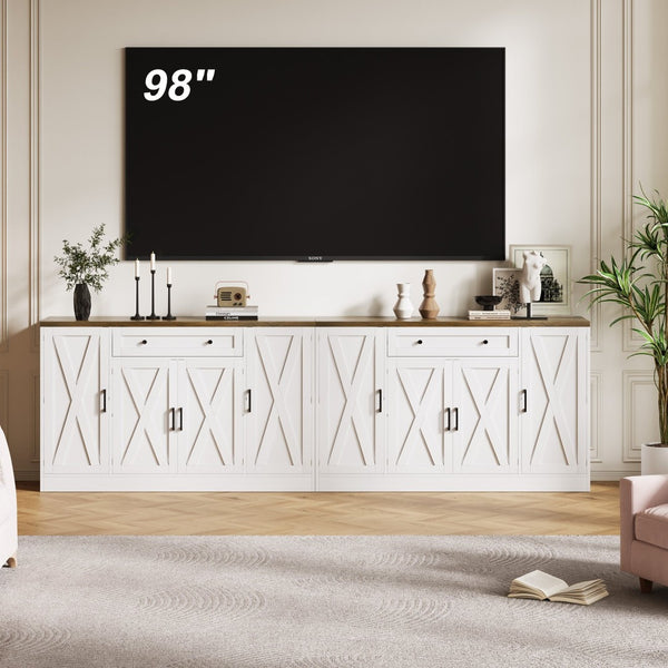 English Elm Buffet Sideboard 55 Inch Farmhouse Credenza with Barn Doors Drawer and Open Shelving White T5618P451110