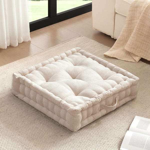 JLA Home Intelligent Design - Poly Chenille Square Floor Pillow Cushion with Tufted Scalloped Edge, OEKO-TEX Soft Plush Support Ivory ID31-2466