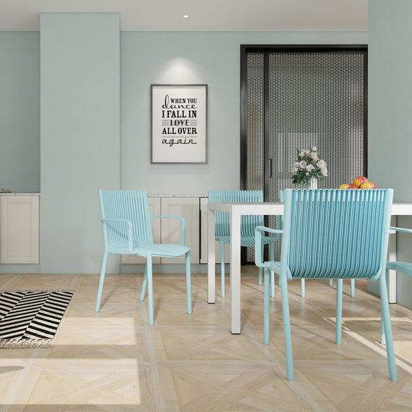 English Elm 4pcs Modern Stackable Plastic Armchair with Ergonomic Slatted Back, UV-Resistant PP, 300lb Capacity, No-Assembly Light Blue W3450P323324