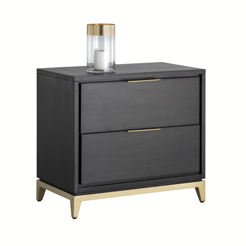 Sunpan EDMUND Nightstand – Smoked Grey-Brown Acacia with Soft-Close Drawers & Gold Accents for Modern Elegance 106042