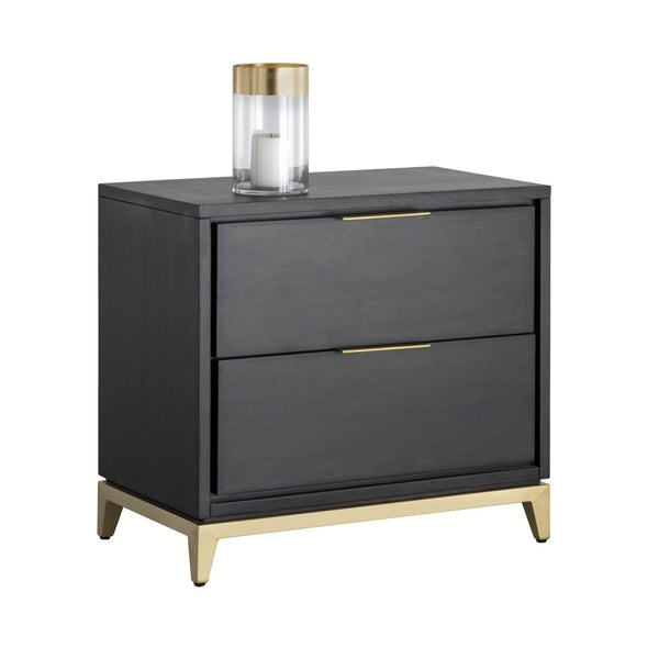 Sunpan EDMUND Nightstand – Smoked Grey-Brown Acacia with Soft-Close Drawers & Gold Accents for Modern Elegance 106042
