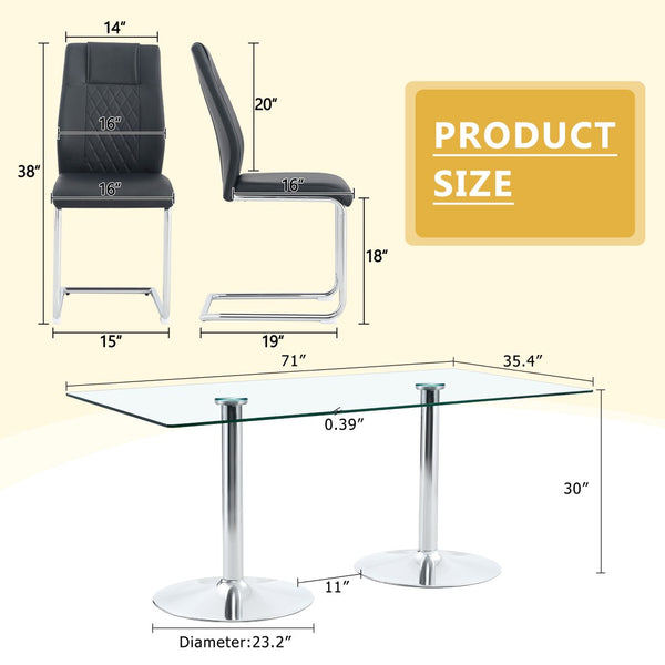 English Elm Table and Chair Set Tempered Glass Top Seats Eight with Pu Leather Dining Chairs Black,Silver,Transparent W1151S04549