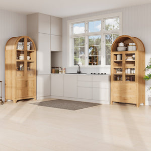 English Elm K&K Arched 71" Kitchen Pantry Cabinet with Glass Doors, Brass Handles, Adjustable Shelves & Drawer Natural N707P288969Y