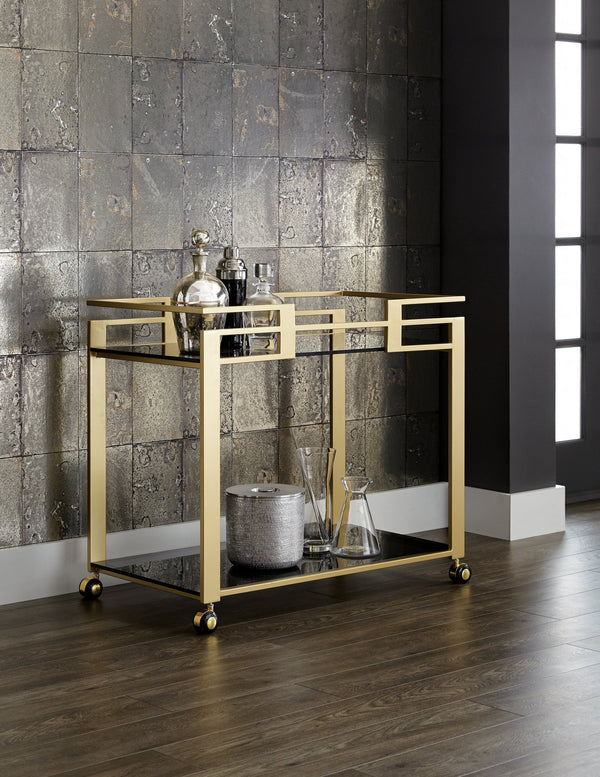 Sunpan Avondale Glamorous Bar Cart with Matte Gold Steel Frame & Black Glass Shelves for Stylish Serving