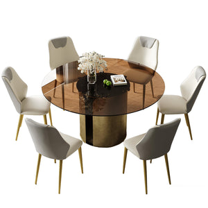 English Elm 59-Inch Modern Round Dining Table Set With 6 Chairs - Elegant Dark Brown Glass Top & Copper Legs W509S00147