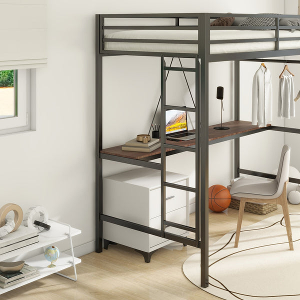 English Elm Adam Sturdy Twin Loft Bed In Black With Cinnamon Desk & Closet Rod - Perfect Space-Saving Solution! B083P154274
