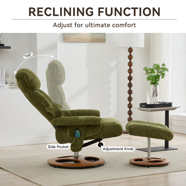 English Elm 010-Ergonomic Recliner Chair with Ottoman Green - 140° Adjustable Swivel Seat, Heated & 5-Point Massage W2636P358622