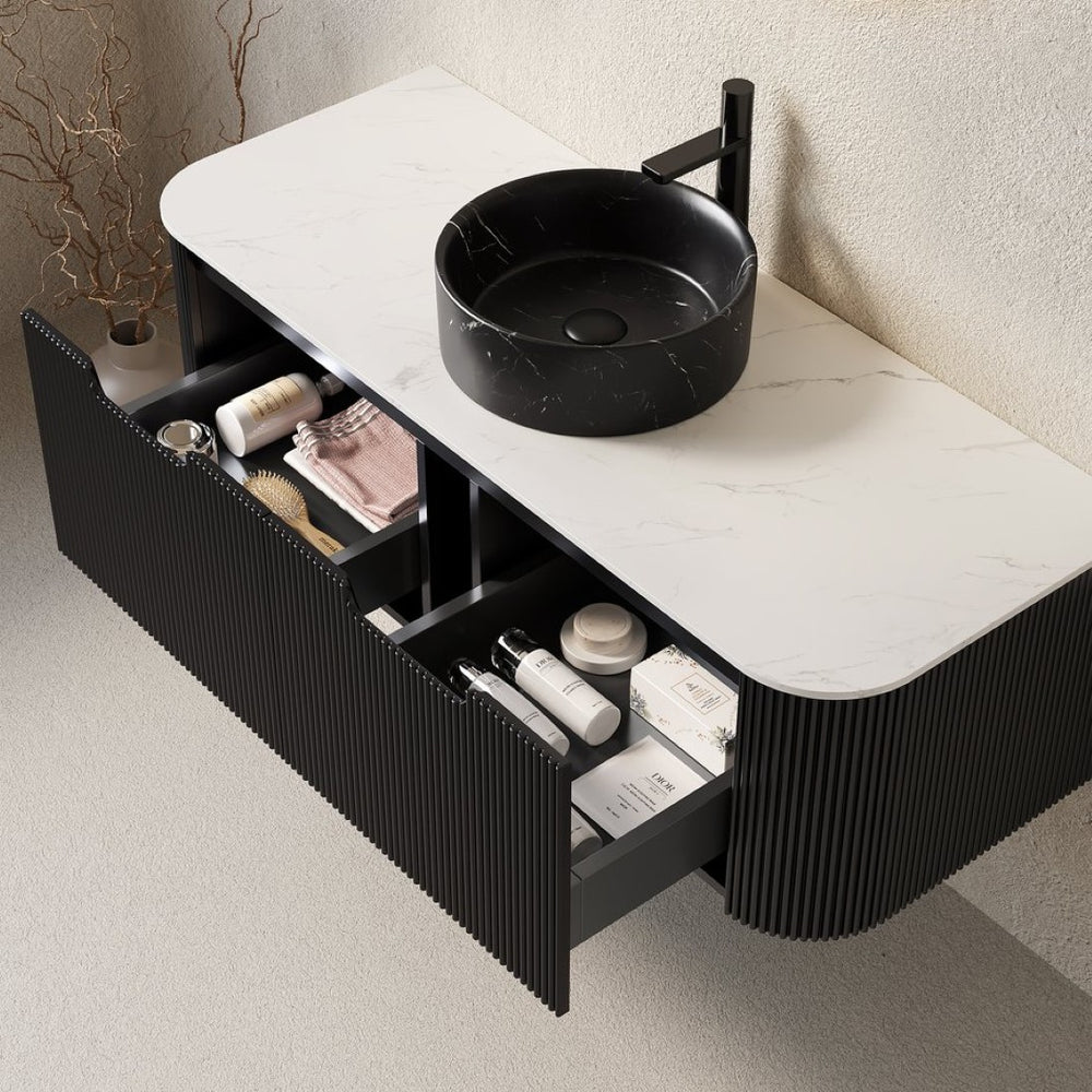 English Elm Dina Floating Bathroom Vanity with Crystal Glass Basin and Sintered Stone Top Black,Carrara White W2615S00706