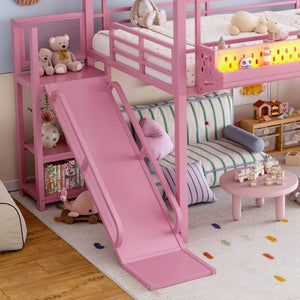 English Elm Twin Metal Loft Bed with Built-in Wardrobe Storage Stairs Led Lights and Usb Ports W5316S00048